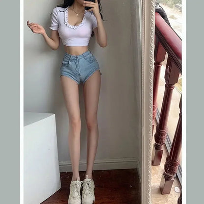 Elasticty Women's Denim Shorts Skinny Booty Tight New In Female Short Jeans Pants for Summer XXL Youthful Korean Style Comfy XL Blue Shorts