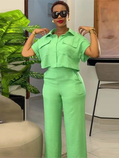 Women's Two-piece Set Spring Summer New Style Lapel Short-sleeved Shirt High Waist Wide Leg Trousers Casual Suit Women Clothing green