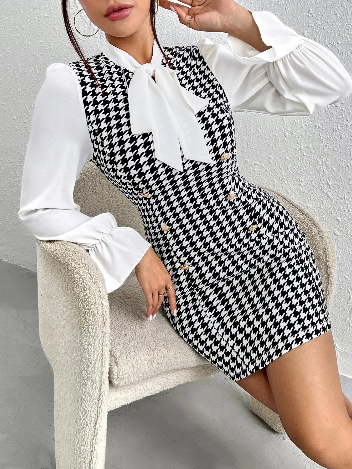 Sexy Temperament New Color Contrast Print Casual Summer Bow Tie Slim Long-sleeved Dress Badiee Stylez
