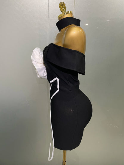 Women 2025 New Sexy Off Shoulder White Flower Black Mini Bodycon Bandage Dress Luxury Celebrity Evening Club Elegant Party Gowns