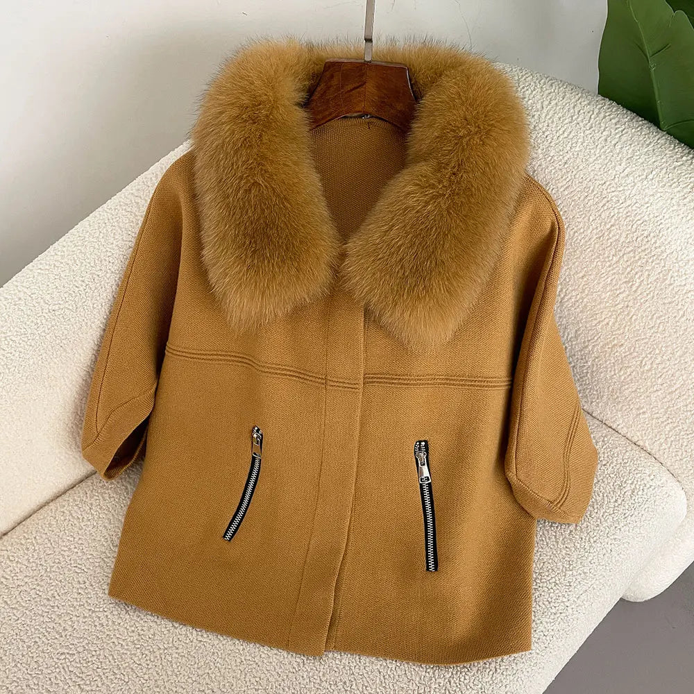 FURYOURSELF 2025 New Real Fox Raccoon Fur Collar Coat Knitted Sweater Women Short Sleeve Jacket Thick Warm Outerwear streetwear