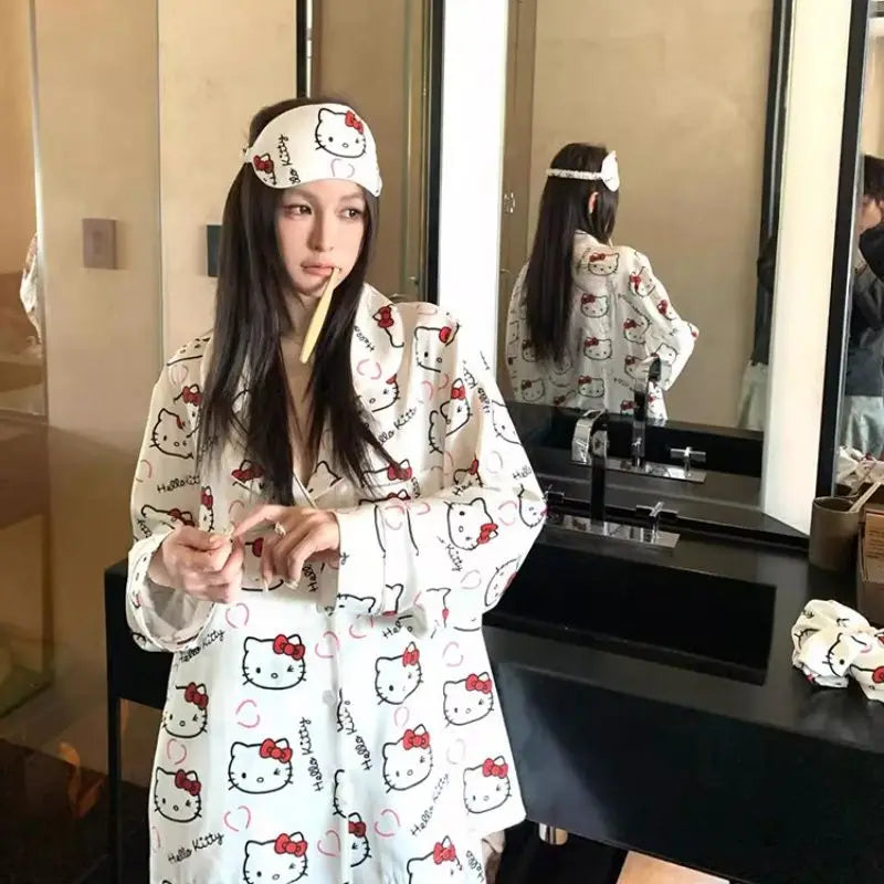 Hello Kitty Pajama Set Cute Cartoon Long Sleeve Sleep Clothing Sanrio Home/Outdoor Loungewear Pajamas Birthday Gift