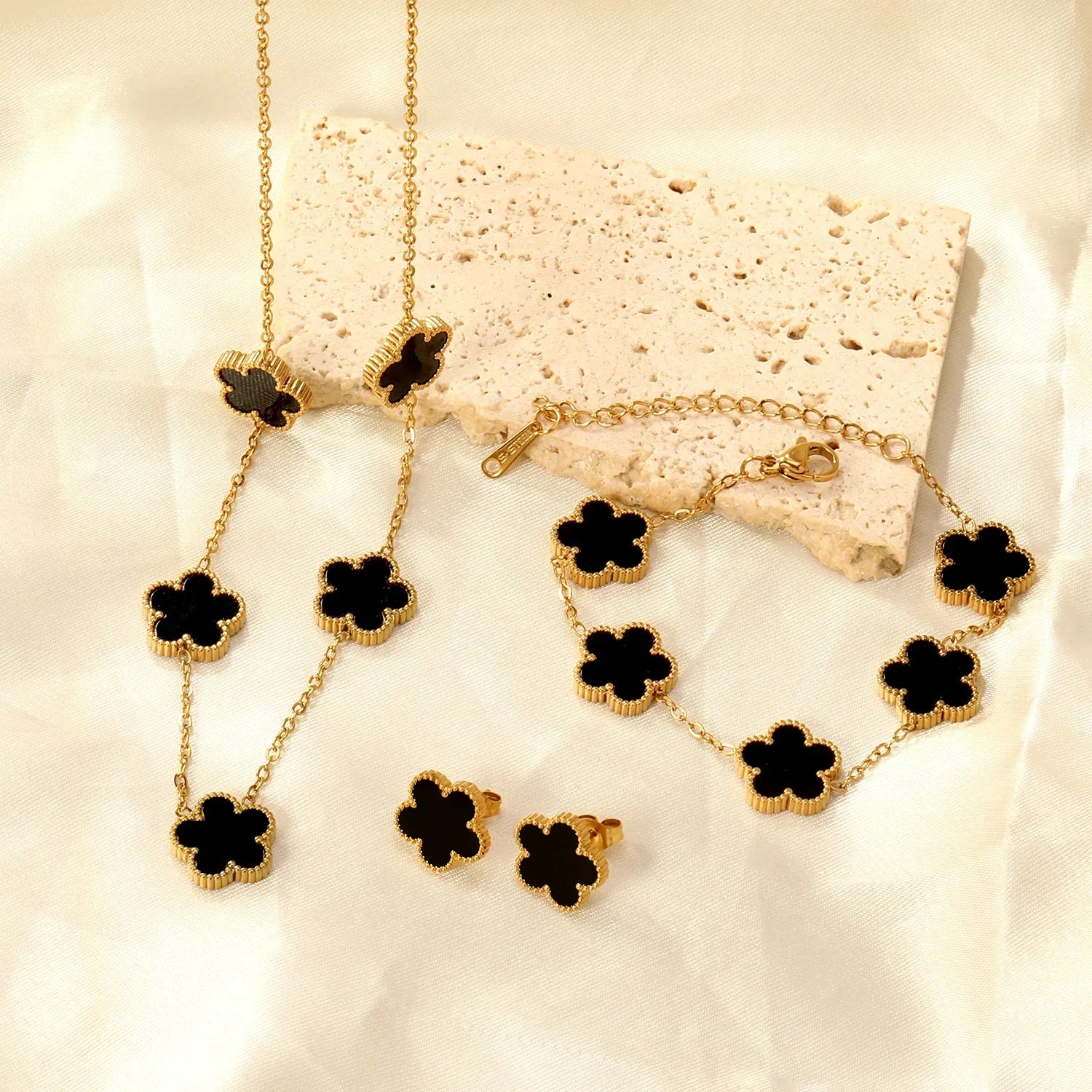 LUXUSTEEL Pendant Earnail Chain Bracelet Set Flower Shaped Stainless Steel Pendants Necklace Earring Sets Necklace Jewelry Gift Badiee Stylez