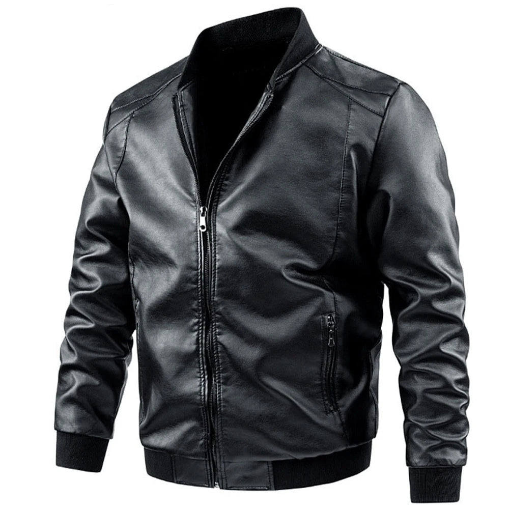 Men's Casual Leather Jacket Jacket Fashion Solid Color Collar Zipper Pocket Biker Clothing Bomber Motorcycle PU Jacket