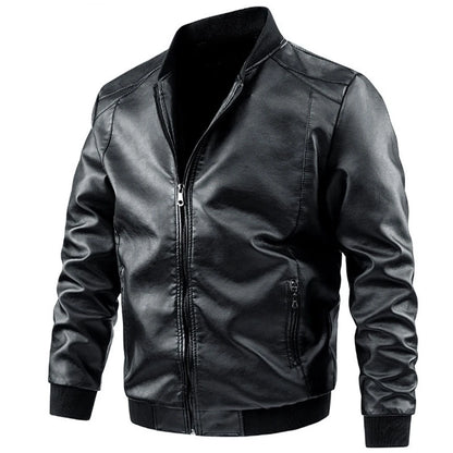 Men's Casual Leather Jacket Jacket Fashion Solid Color Collar Zipper Pocket Biker Clothing Bomber Motorcycle PU Jacket