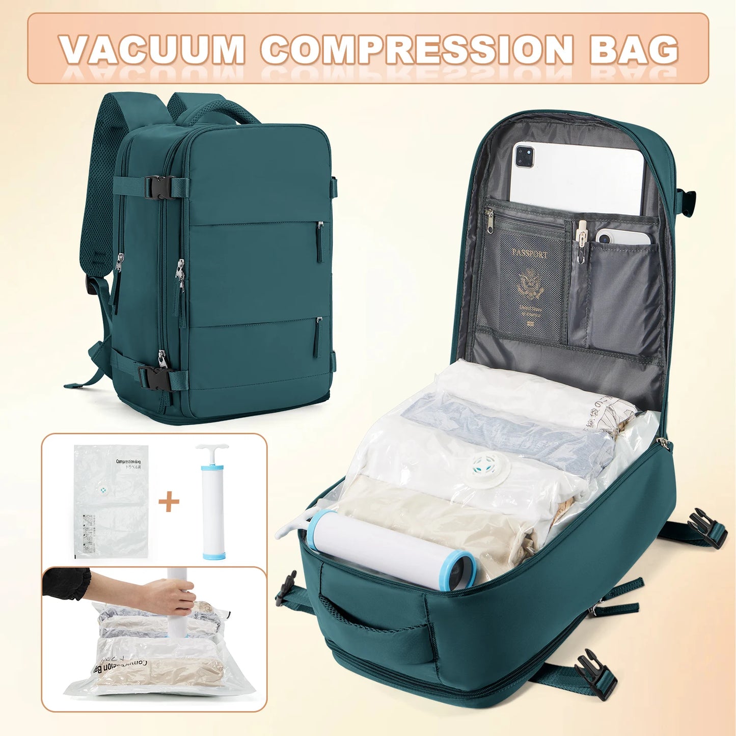 Ryanair 40x25x20 Travel Backpack Large Capacity Foldable Hiking Bag with Vacuum Bags Manual Compression Pump, Storage Backpack Peacock Blue