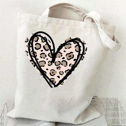 Fashion Love Heart Print Ladies Canvas Tote Casual Shoulder Bag Eco Large Capacity Portable Travel Shopping Bag Purses Handbags 4