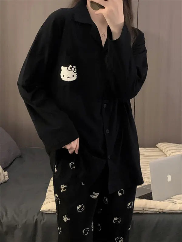 Kawaii Sanrios Hello Kittys Women's Pajamas Set Spring Autumn Anime Cartoon Students Polyester Long Sleeved Girls Nightwear Gift