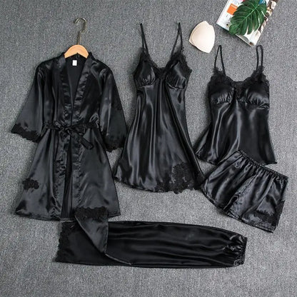 5PCS Women's Ice Silk Sexy Pajama Set Breathable Lace Satin Pajama Bathrobe Five Piece Set Casual Home Clothes Spring and Summer