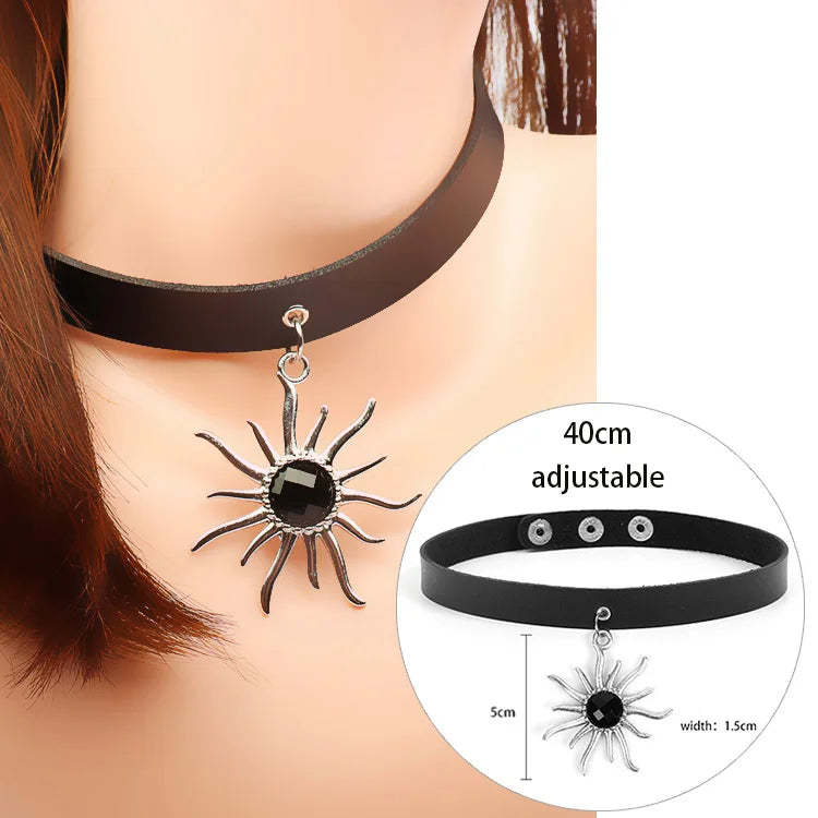 Sexy Trendy Vintage Charm Round Gothic Collar Necklaces Jewelry Gift Gothic Leather Heart Harajuku Women Punk Choker Necklace Sun Flame 40cm adjustable