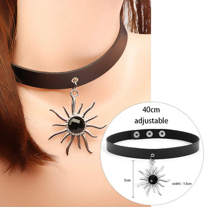 Sexy Trendy Vintage Charm Round Gothic Collar Necklaces Jewelry Gift Gothic Leather Heart Harajuku Women Punk Choker Necklace Sun Flame 40cm adjustable
