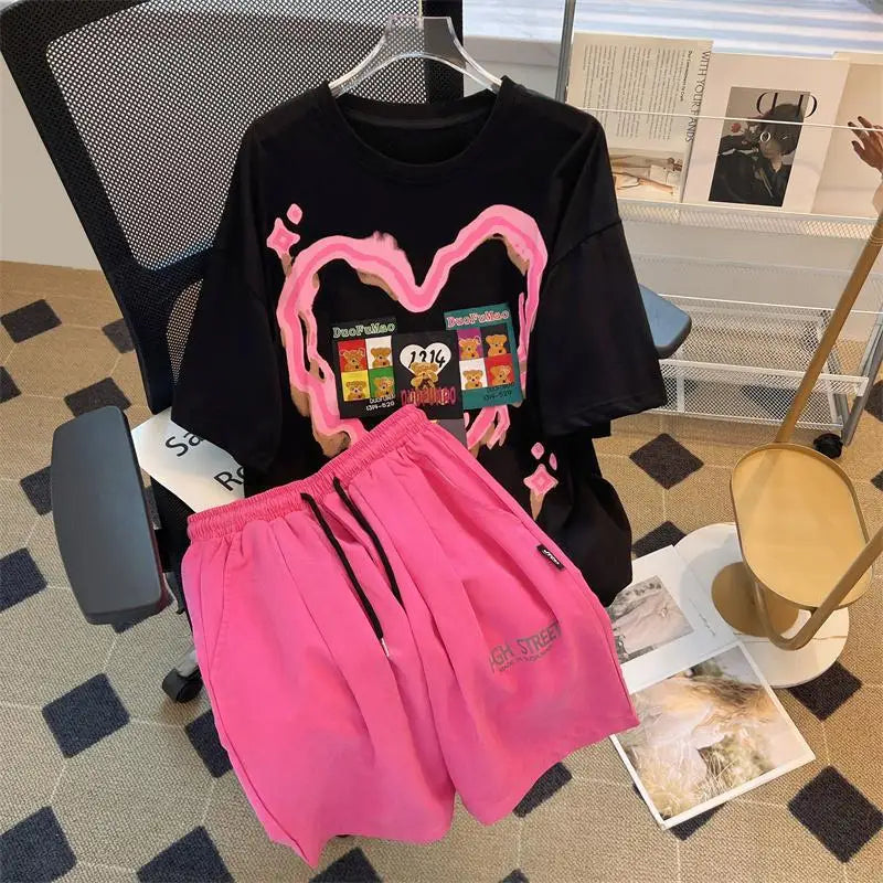 Summer Loose Short Sleeve Tops Ladies Casual Two Piece Set Summer Printing Women's Clothing New Fashion Elastic Waist Shorts black