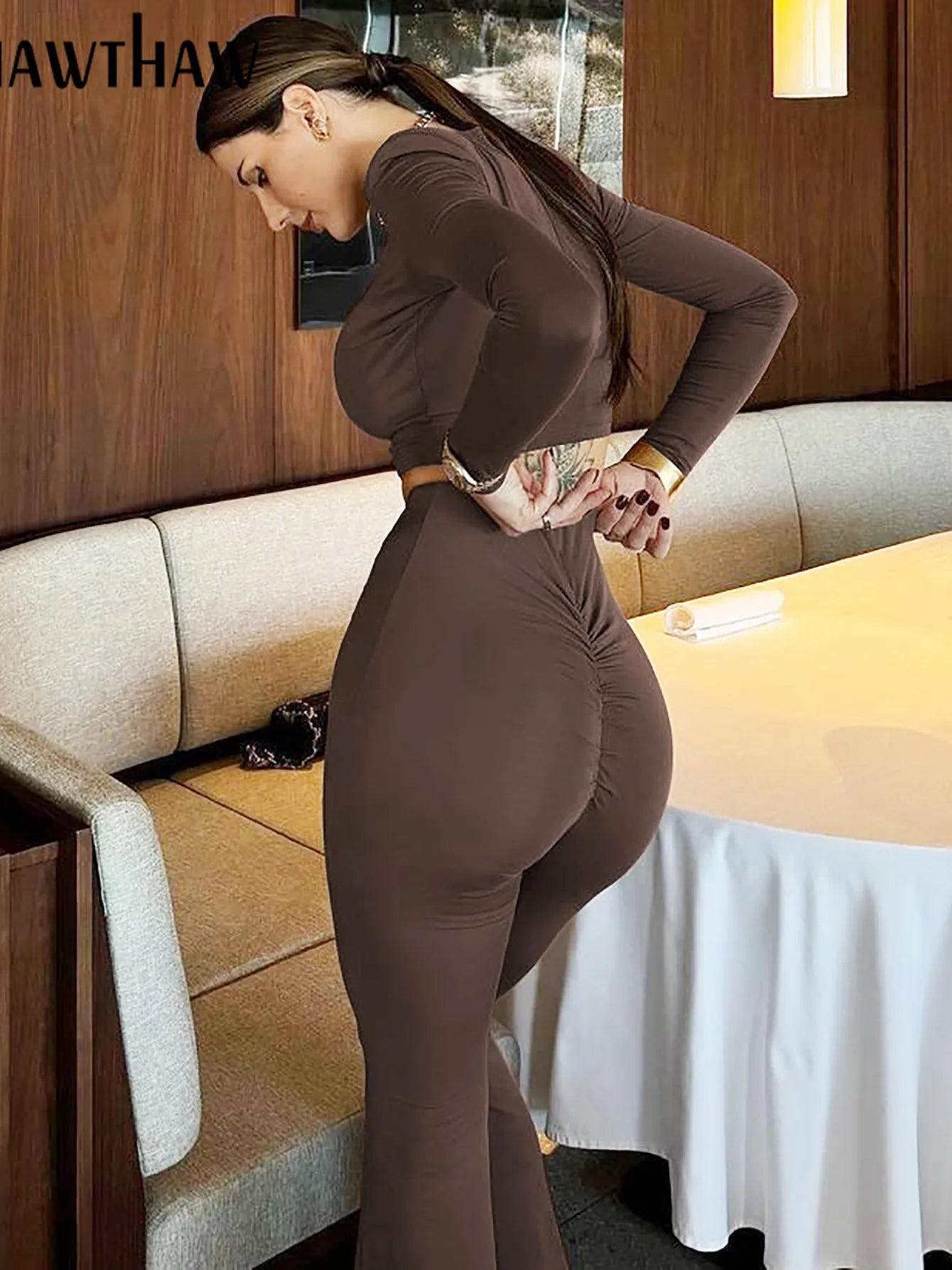 Hawthaw Women 2024 Spring Autumn Long Sleeve Crop Tops Long Pants Two Piece Matching Sets Outfits Wholesale Items For Business