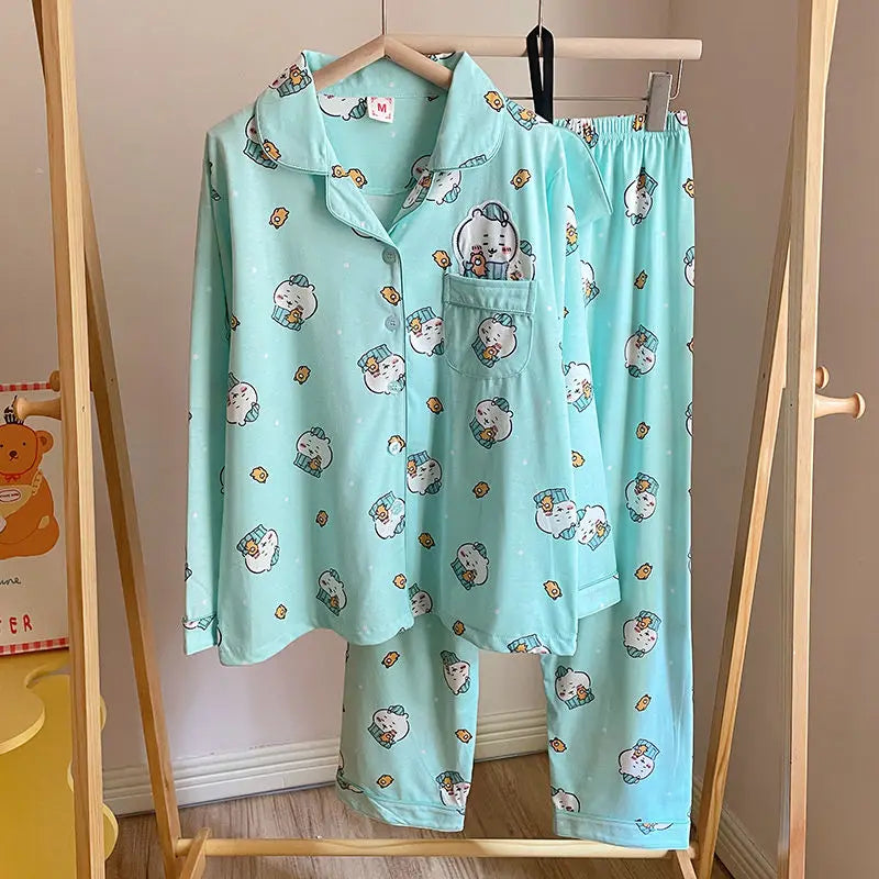 Kawaii Chiikawa Anime Pajamas Cartoon Usagi Hachiware Cute Girls Long Sleeves Long Pants Spring Autumn Student Home Clothes Set