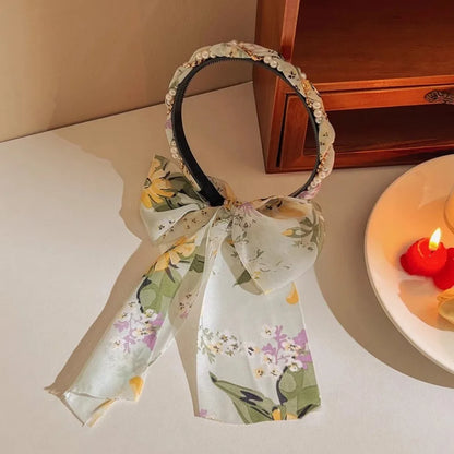 Retro Silk Scarf Headband Floral Print Pearl Braided Hairband Adjustable Bow Non Slip Ribbon Hairband for Women Girls Kid Style 7
