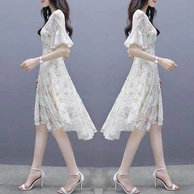 Ele Summer Women's Midi Dr ang Hai Sle Sweet Princ round Ne ort Sve A-Line Skirt Printed Chiffon Dr