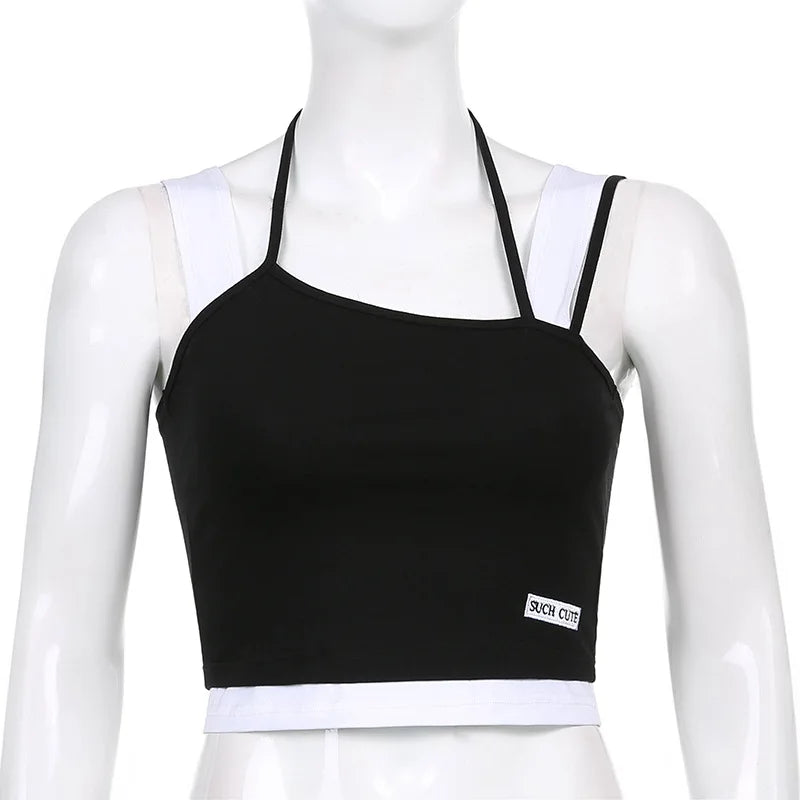 Women Hollow Out Black Y2K Tees Sleeveless Skinny Tops Cool Punk T-shirts Techwear 2023 Spring Summer New Sexy Crop Top