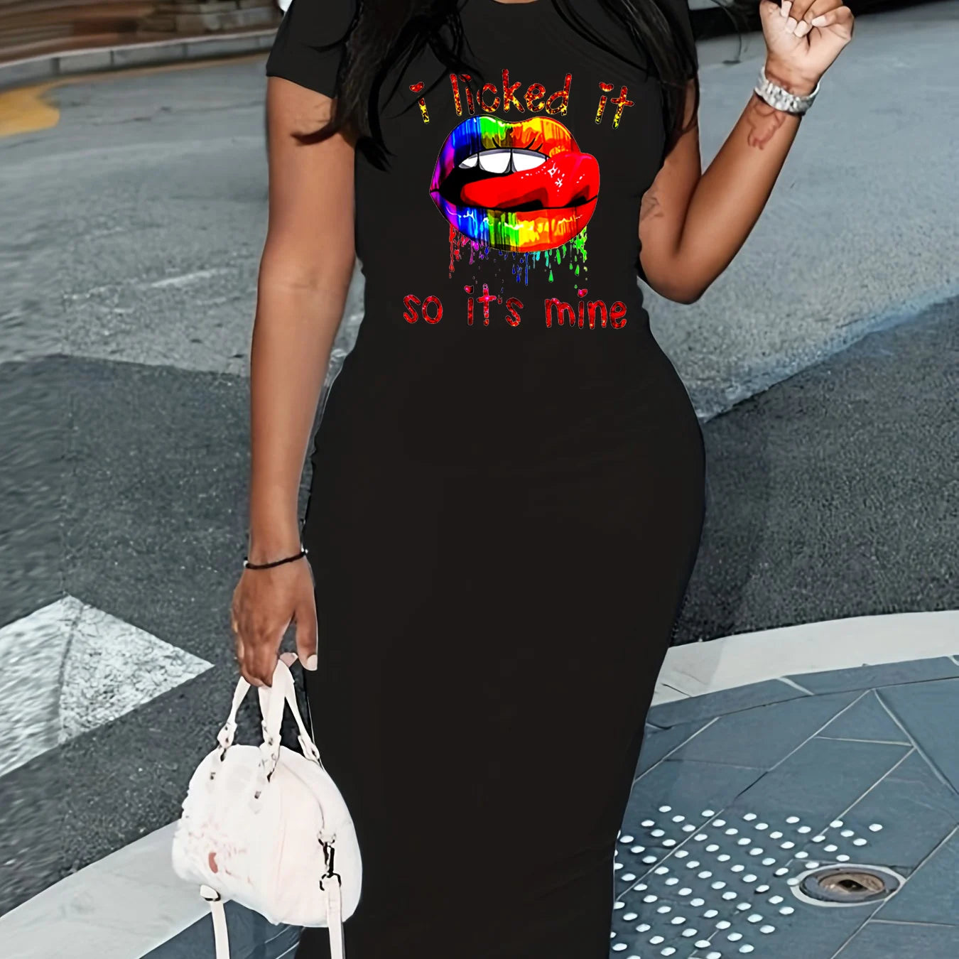 Summer black sexy dress women's red lip zipper print casual slim fit short sleeved round neck T-shirt mini dress BX55