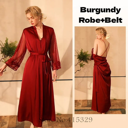 Wedding Bride Robe Set Women Sexy Lace Patchwork Nightgown Long Kimono Bath Gown Loose Suspender Nightdress Intimate Lingerie Burgundy A