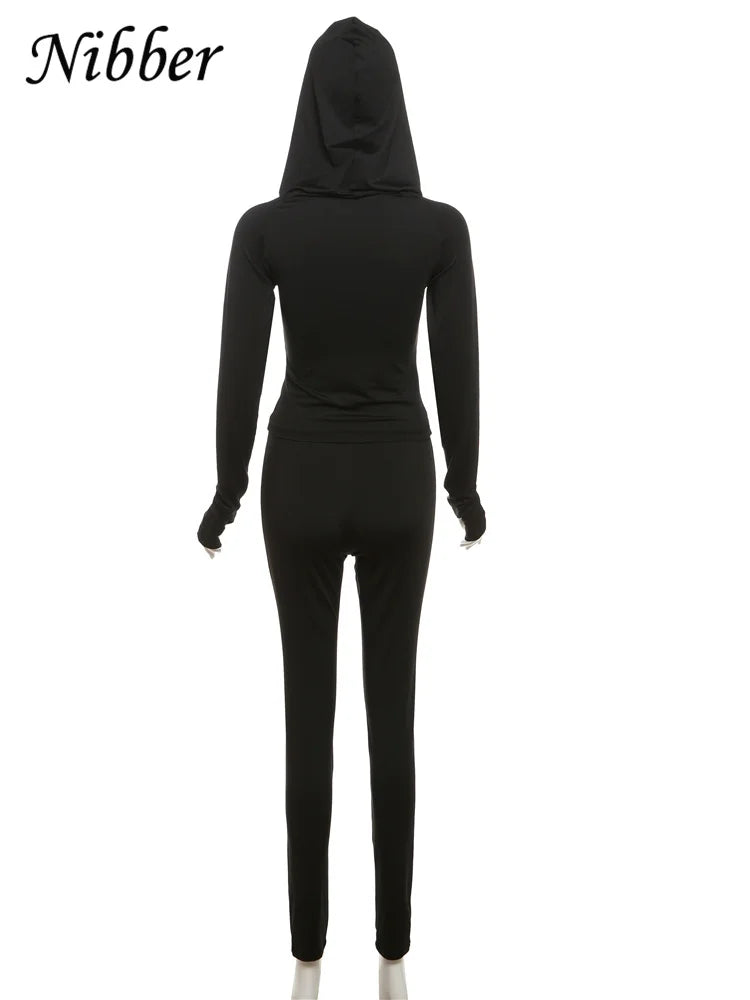Nibber Sporty Casual 2 Piece Set Women Tracksuit Hooded Zip Crop Tops+Leggings Fitness Soft Stretch Streetwear Activity Suit