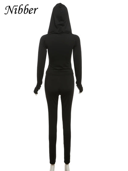Nibber Sporty Casual 2 Piece Set Women Tracksuit Hooded Zip Crop Tops+Leggings Fitness Soft Stretch Streetwear Activity Suit