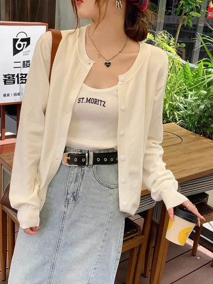 New 2025 Spring Summer Knit Cardigan O-Neck Solid Color Fashion High-Grade Comfortable Slim Casual Knitwear Tops White One Size