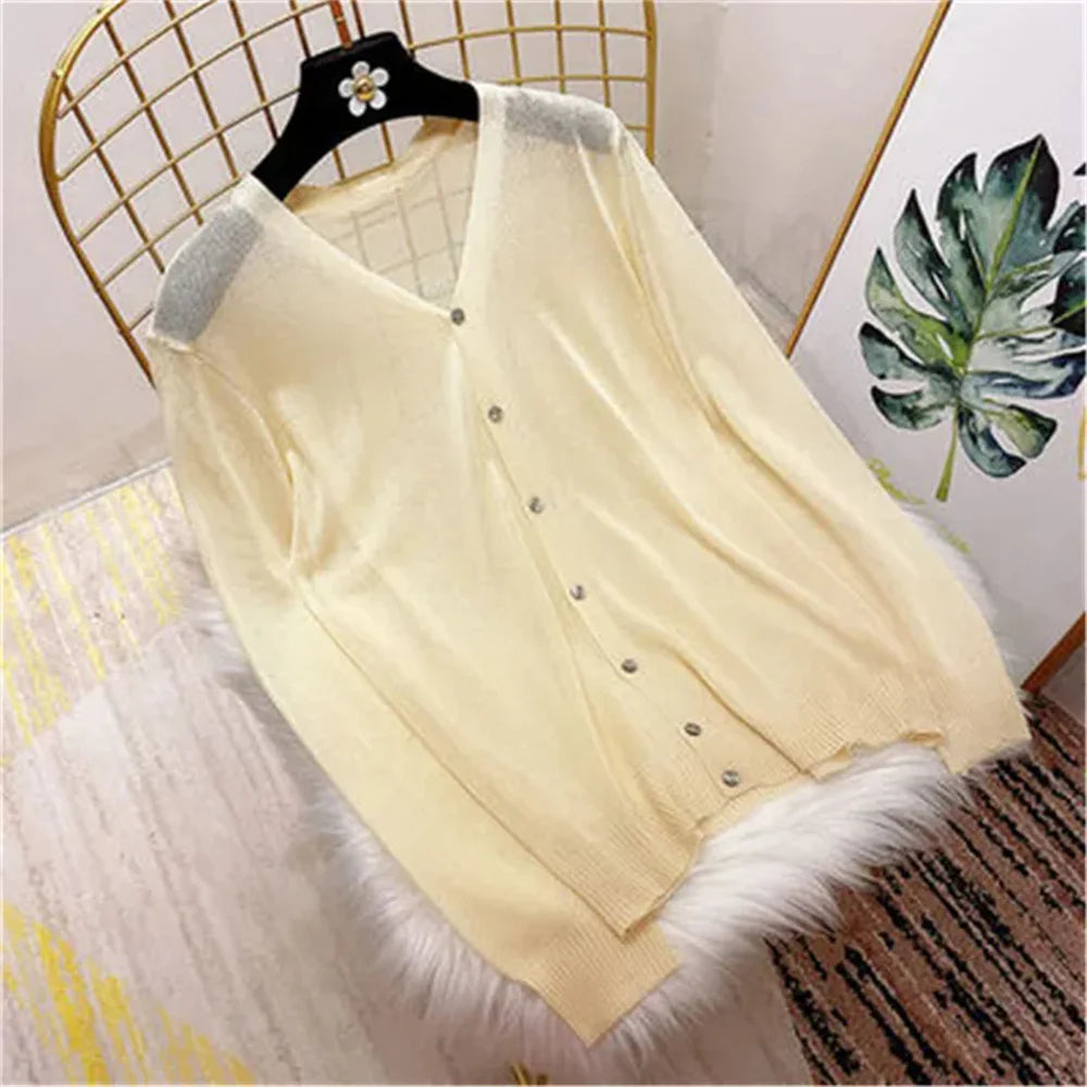 Spring Summer Comfortable Casual Blouses white knitted cardigan 2024 Women's Clothing Solid V-neck Elegant Fashion Button Loose lightyellow One Size