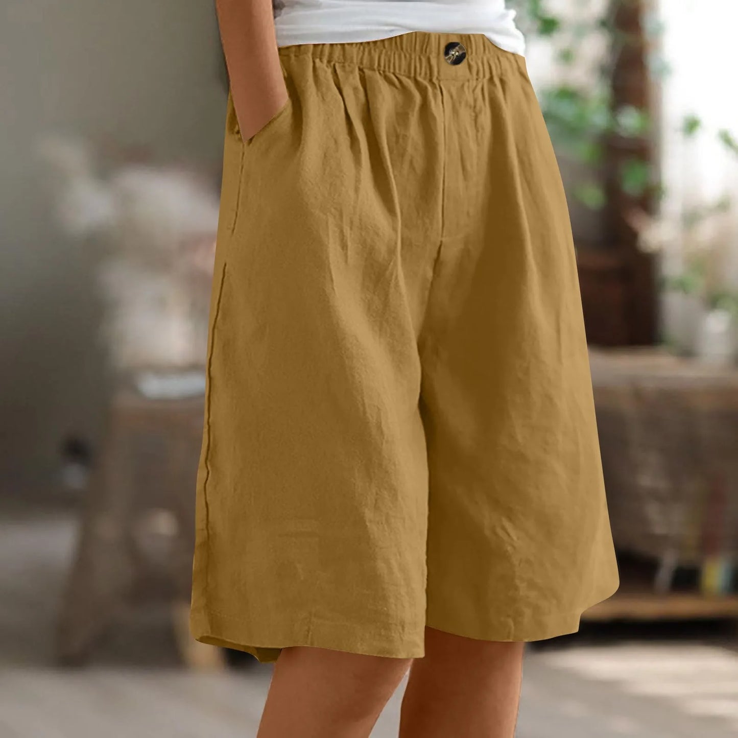 Female Fashion Solid Color Elastic High Waist Pocket Button Up Loose Cotton Linen Five Length Shorts Summer Soft Comfort Pants Earthy Yellow