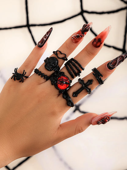 9Pcs/Set Goth Black Devil Eye Skull Spider Palm Rings for Women Vintage Cross Jesus Love Heart Rings Halloween Jewelry Gift New