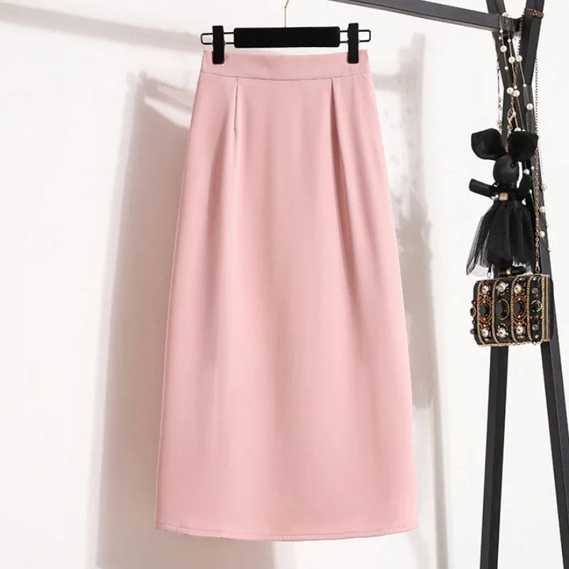 2025 Summer Female Fashionable Versatile Solid Skirts High Waisted Mid Length A-line Plus Size Skirt Split Wrap Body Skirt Pink