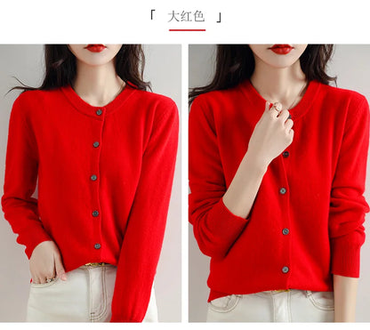Knitted Cardigan Women's Sweater Autumn And Winter 2022 New Solid Color Coat Round Neck Short Long Sleeve Loose Korean Fashion