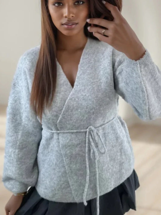 Women Solid Color Lace-up Knitted Sweater Jacket Female Cardigan with Belt Autumn and Winter Woolen Simple Cardigan Sweater