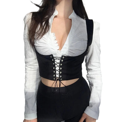 Women Corset Bustier Crop Top Lace-up Bandage Black Gothic Leather Underbust Suspender Cami Vest Waist BodyshaperTank Cummerbund as shown picture 3