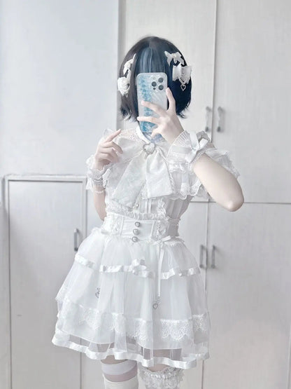 Japanese Kawaii Lolita Lace Patchwork Blouses Summer Women Harajuku Single Breasted Sweet Shirts Summer Girly JK Bow Tops Blusas Badiee Stylez