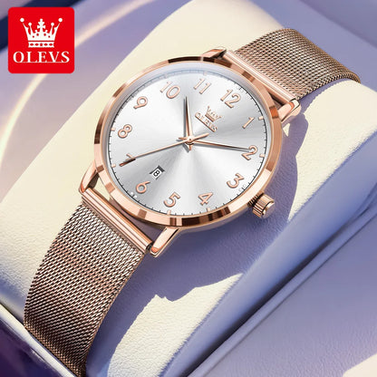 OLEVS New 5653 Woman Watch Elegant Rose Gold Mesh Steel Strap Ladies Watches Digital Dial Simple Fashion Quartz Watch for Women