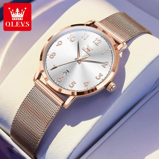 OLEVS New 5653 Woman Watch Elegant Rose Gold Mesh Steel Strap Ladies Watches Digital Dial Simple Fashion Quartz Watch for Women