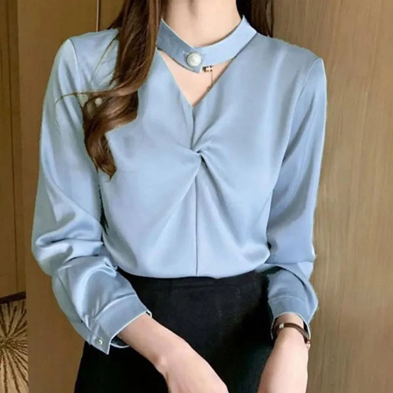 Satin Beading Halter V-Neck Woman Blouses 2022 Spring New Elegant Fashion Office Lady Long Sleeve Loose Commuter Shirts Female Blue