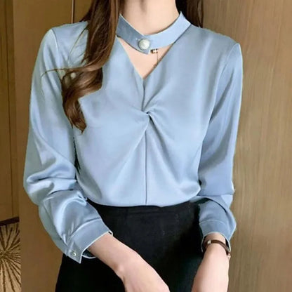 Satin Beading Halter V-Neck Woman Blouses 2022 Spring New Elegant Fashion Office Lady Long Sleeve Loose Commuter Shirts Female Blue