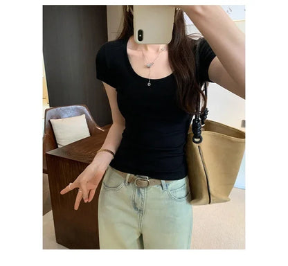 Femme 2025 Summer Casual Cotton T Shirt For Women Short Sleeve Tshirts Fashion Womens Clothing Slim Basic O Neck Y2K Tee Shirt