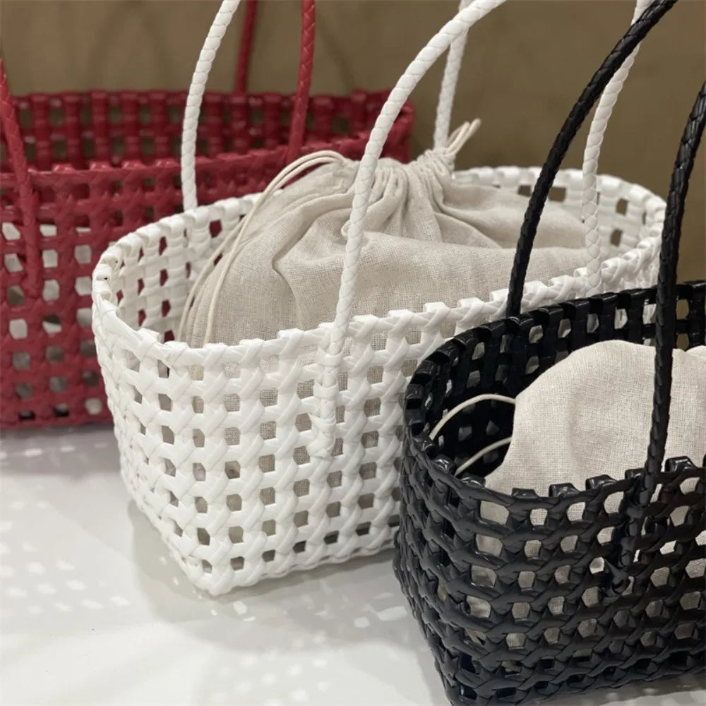 Plastic Hollow Weave Bag Countryside Style Bohemian Style Beach Tote Bag Large Capacity Bucket Bag Vegetable Basket Bag