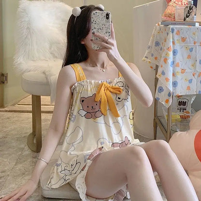 Pajamas Set for Women Sexy Home Clothing Sleepwear Tank Top Suit Shorts Cute Underwear Soft Nightwear Sleeveless Lace Loungewear 006 CHINA