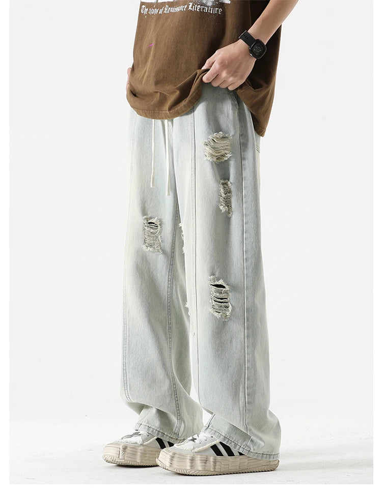 Men's Summer Ripped Jeans Loose Straight Leg Retro Men Draw Rope Port Fashion Brand All-match Casual Pants