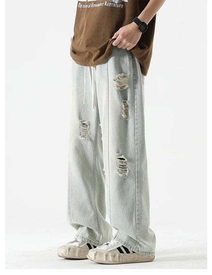 Men's Summer Ripped Jeans Loose Straight Leg Retro Men Draw Rope Port Fashion Brand All-match Casual Pants