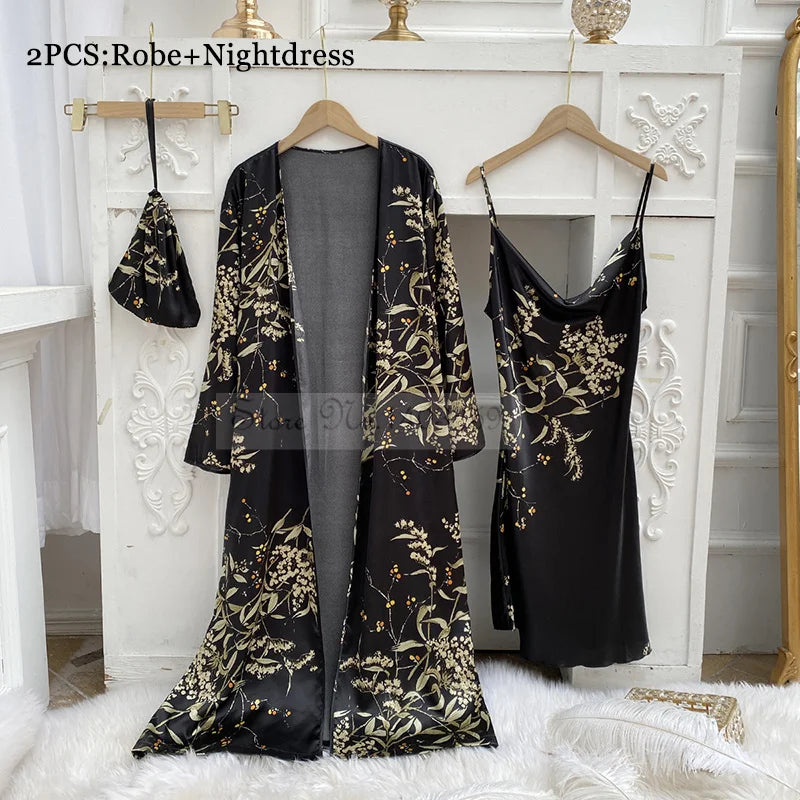 Four Pieces Pajamas Set Printed Little Cherry Sleepwear Women Satin Nightgown With Suspender Sling&Shorts Summer Home Clothes Black Cherry B