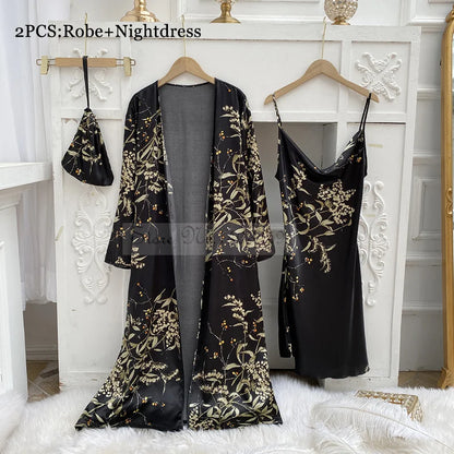 Four Pieces Pajamas Set Printed Little Cherry Sleepwear Women Satin Nightgown With Suspender Sling&Shorts Summer Home Clothes Black Cherry B