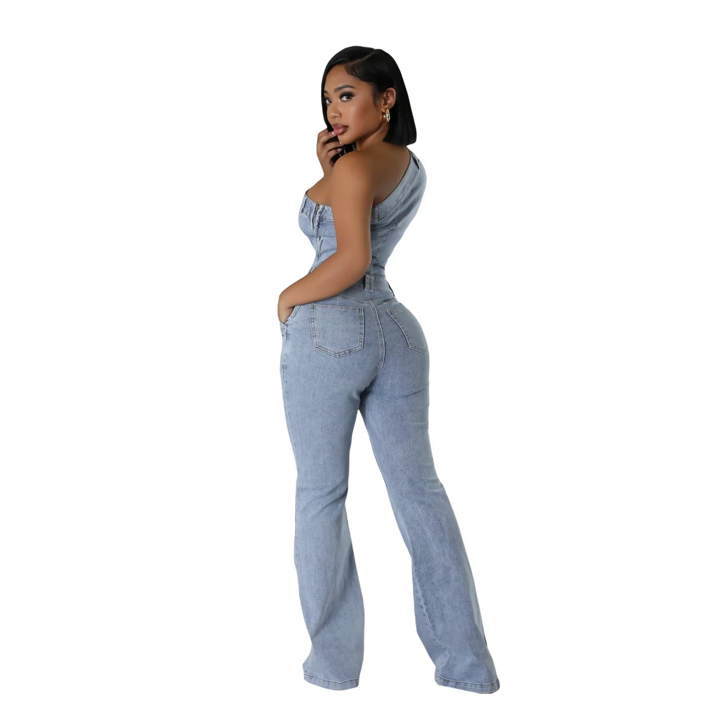 Flare Denim Pants Full Length Women Jeans One Piece Overalls Spliced Solid Jumpsuits Loose Pockets High Waist Basics Washed