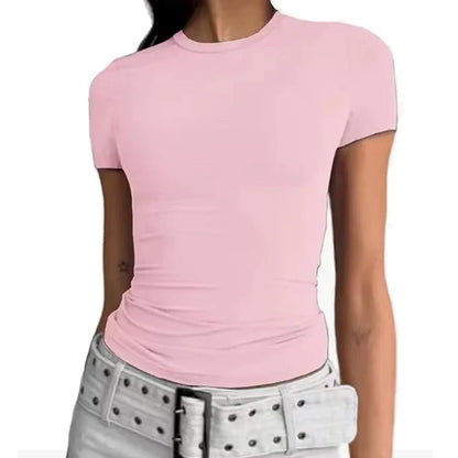 2024 Spring Autumn Women Y2K Pink T-Shirt Causal Long Sleeve Crop Tops O Neck Pullovers Base Tees Bodycon Slim Fit T Shirt Short Pink