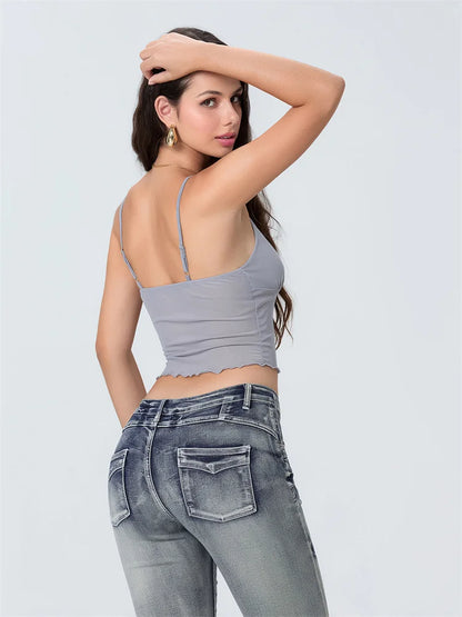 Women Camisole Tops Spaghetti Straps Tulle Patchwork Slim Fit Tank Tops Party Club Sexy Vinateg Corset Cropped Top Summer