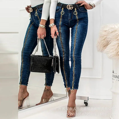 Women Spring Summer 2024 O-Ring Zipper Decor Skinny Jeans Denim Pants Trousers High Waist Jeans Ankle Length Dark Blue
