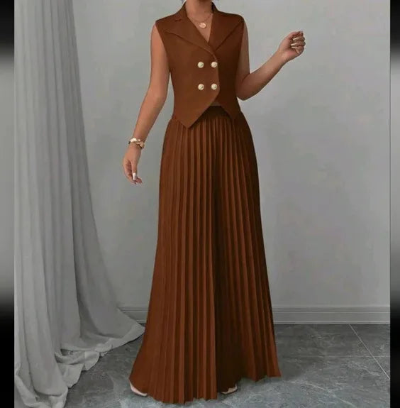 Women Fashion Solid Office Suit Casual Slim Button Two Piece Set Elegant Turn Down Collar Sleeveless Blazer&Pleat Pants Outfits